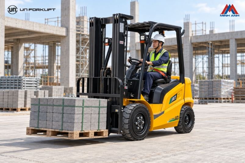 Xe nâng UN vận chuyển gạch tại công trình